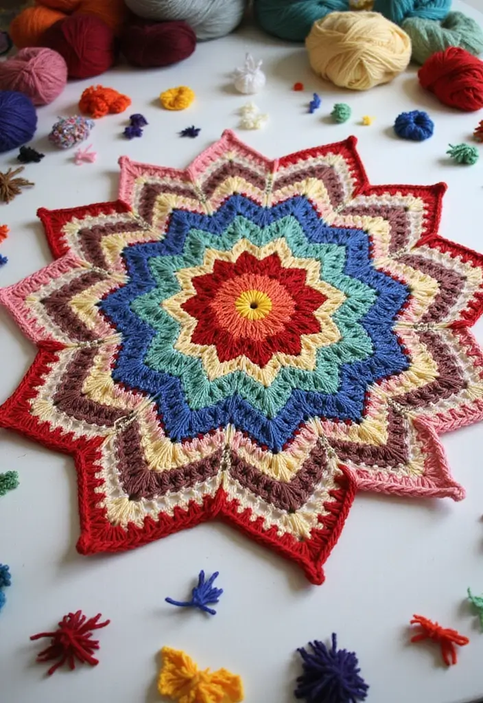 25 6 Day Star Blanket Crochet Projects to Brighten Your Home - 21. Eco-Friendly Upcycled Yarn Star Blanket