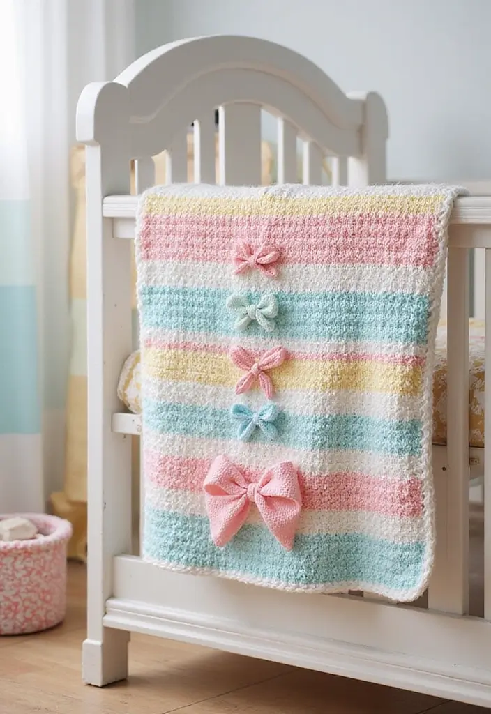 25 Adorable and Easy Crochet Baby Blanket Free Pattern Inspirations - 20. Sweet Stripes and Bows