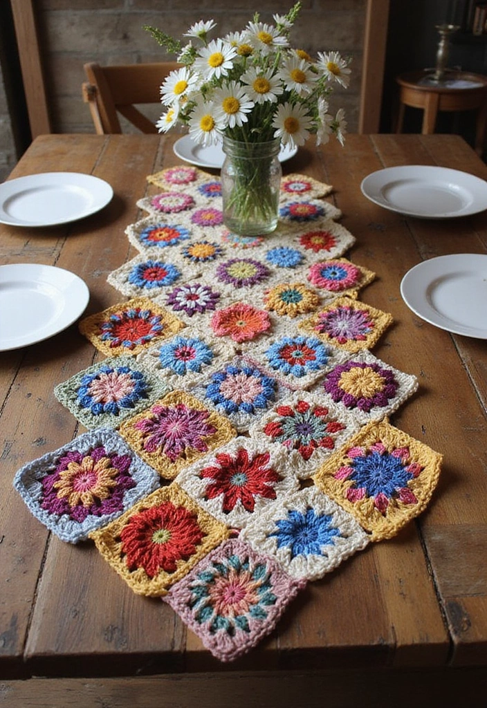 25 Beautiful Caminos de Mesa a Crochet Patrones Ideas for Cozy Home Décor - 1. Rustic Chic: The Granny Square Runner