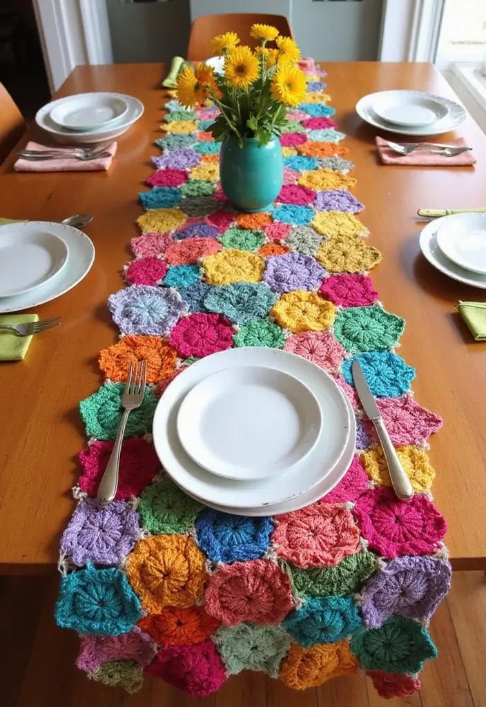 25 Beautiful Caminos de Mesa a Crochet Patrones Ideas for Cozy Home Décor - 8. Colorful Medley: Patchwork Pattern