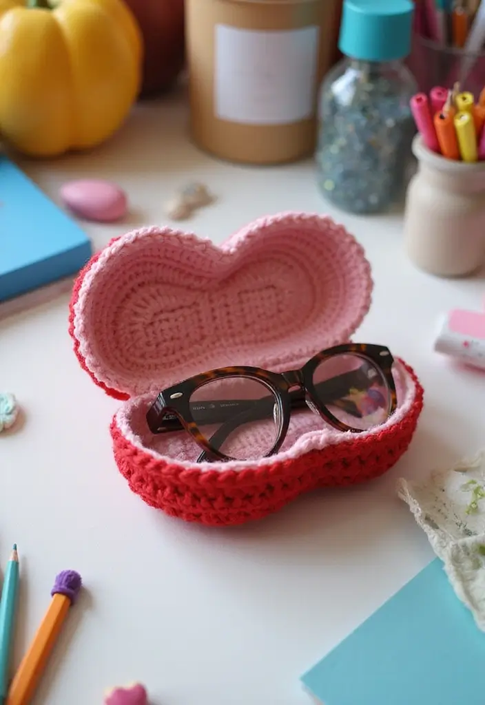 25 Quick and Easy Tutorials on How to Crochet a Heart - 13. Crochet Heart Glasses Case