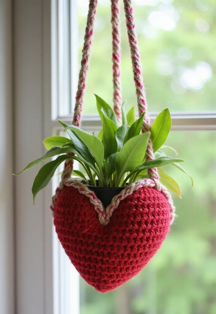 25 Quick and Easy Tutorials on How to Crochet a Heart - 17. Heart Plant Hanger