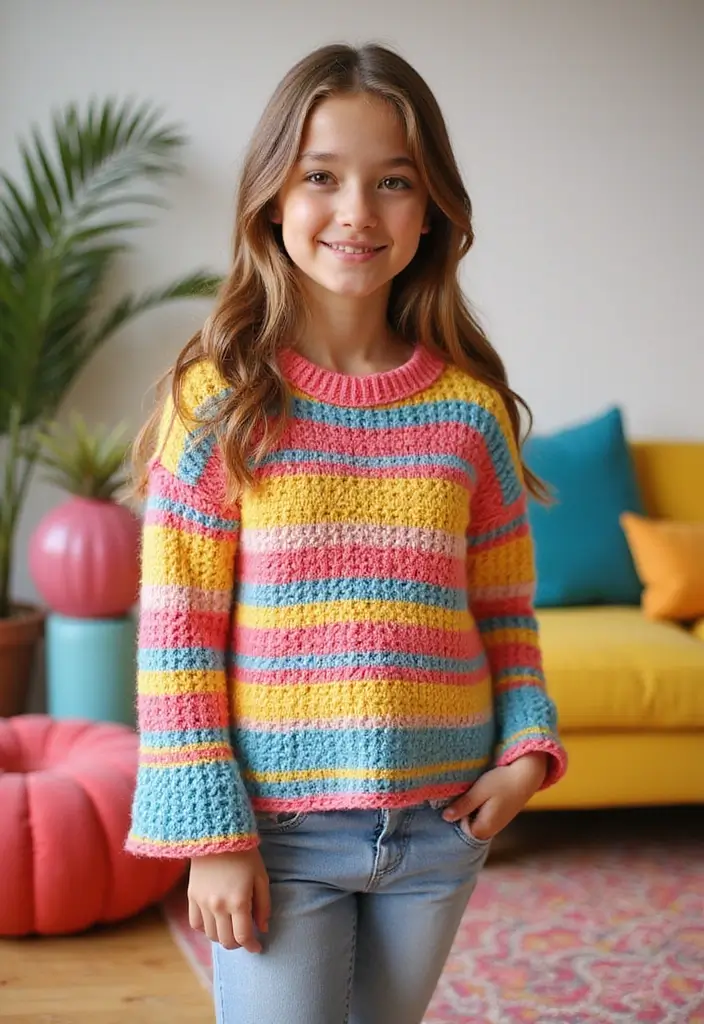 25 modèles de pull en crochet tendance à essayer cette année - 1. Pull en crochet à rayures multicolores