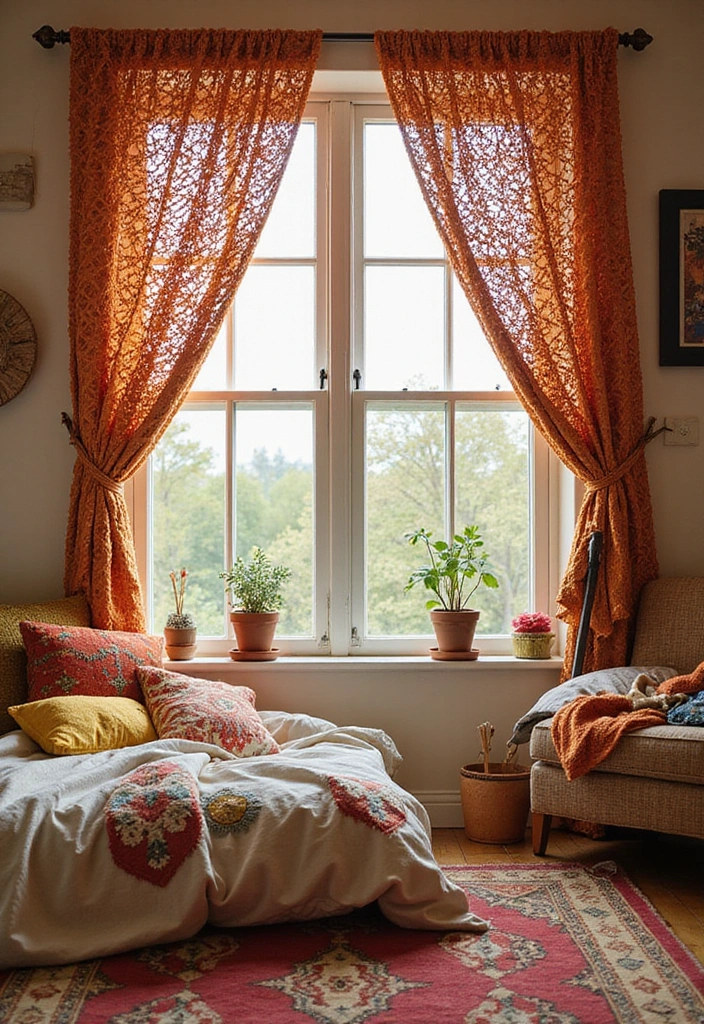 26 Cortinas Tejidas a Crochet Ganchillo para Decorar tu Hogar - 15. Cortinas de Ganchillo de Estilo Bohemio