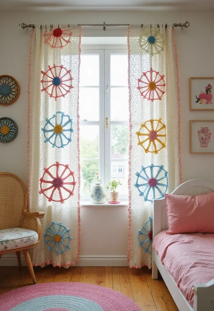 26 Cortinas Tejidas a Crochet Ganchillo para Decorar tu Hogar - 17. Cortinas de Ganchillo con Ruedas
