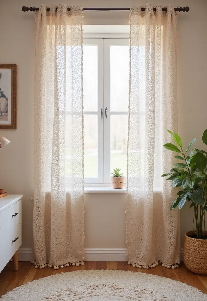 26 Cortinas Tejidas a Crochet Ganchillo para Decorar tu Hogar - 21. Cortinas de Mini Pompón