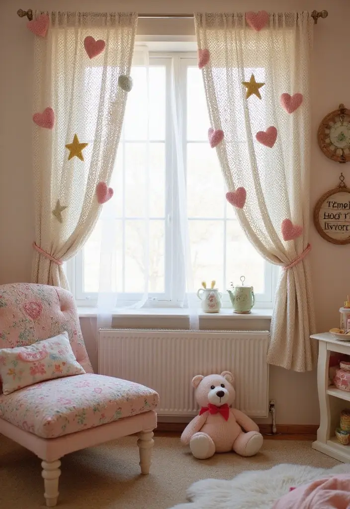 26 Cortinas Tejidas a Crochet Ganchillo para Decorar tu Hogar - 22. Cortinas con Aplicaciones de Tela
