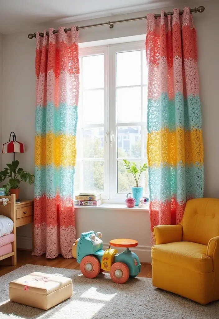 26 Cortinas Tejidas a Crochet Ganchillo para Decorar tu Hogar - 4. Cortinas de Rayas