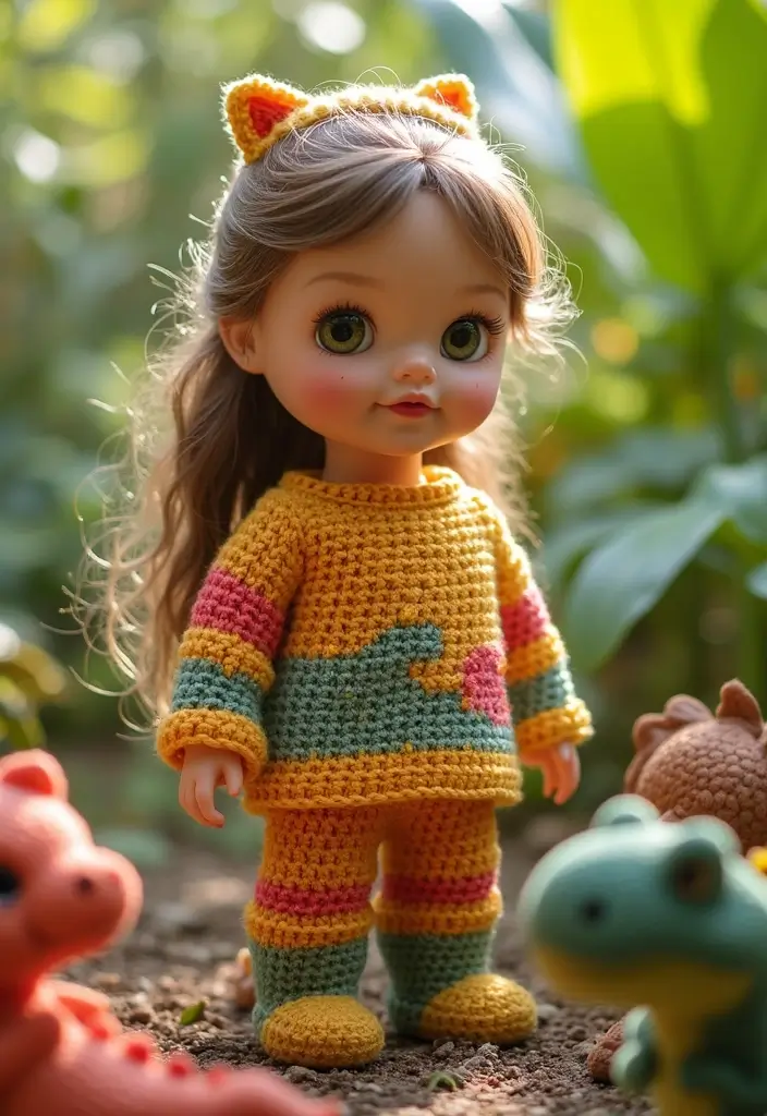 26 Crochet Doll Clothes Free Pattern Ideas for Tiny Fashionistas - 15. Fun Dinosaur Sweater