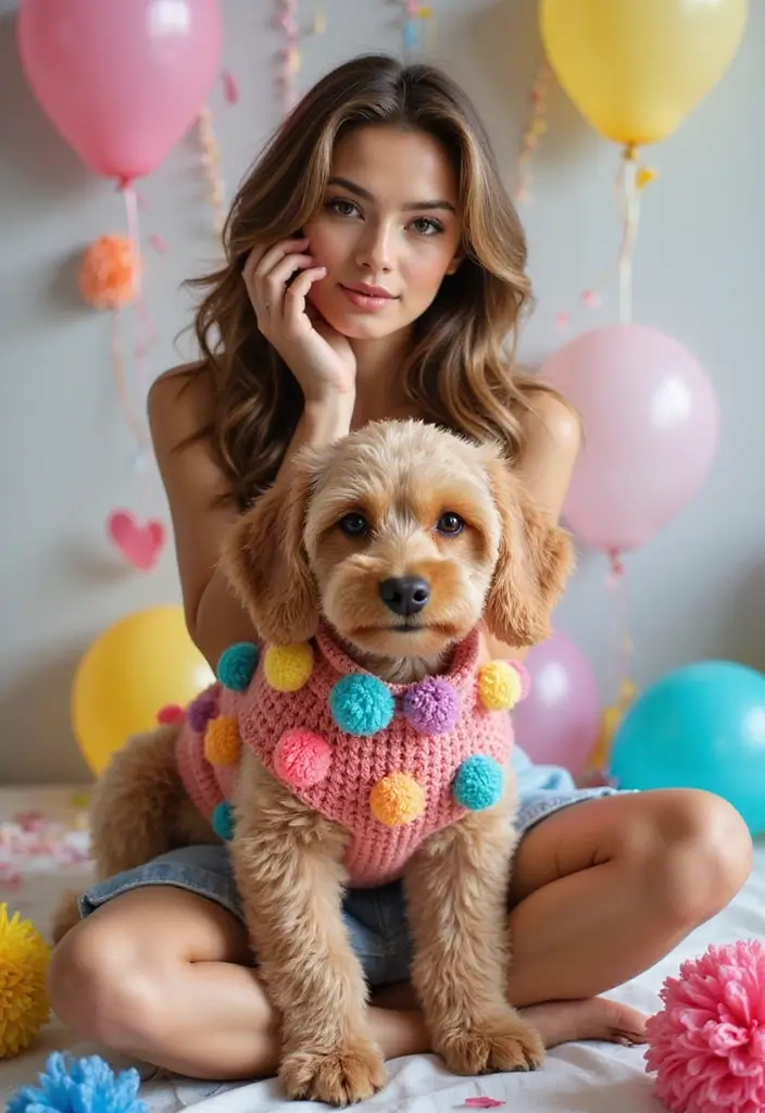 26 Cute Crochet Dog Sweater Free Pattern Ideas for Your Pet - 14. The Festive Pom-Pom Sweater