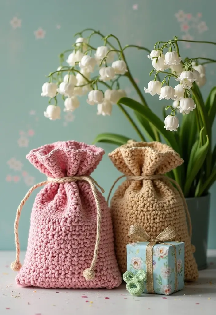 26 Lily of the Valley Crochet Ideas: Delicate and Beautiful - 12. Beautiful Lily of the Valley Crochet Gift Bags