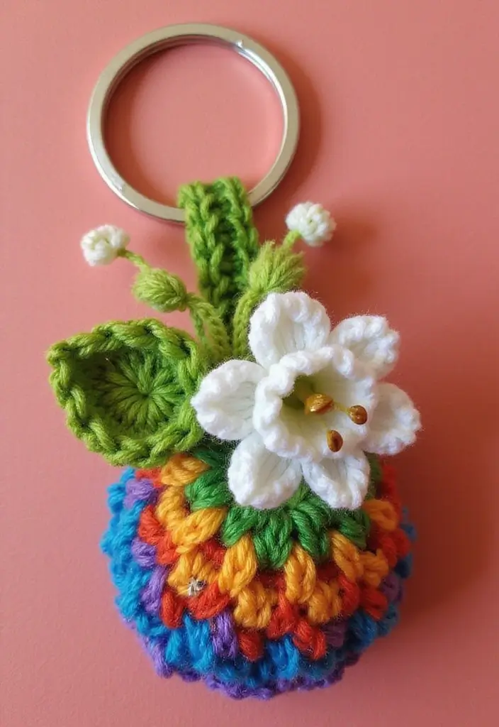 26 Lily of the Valley Crochet Ideas: Delicate and Beautiful - 24. Delightful Lily of the Valley Crochet Key Fob