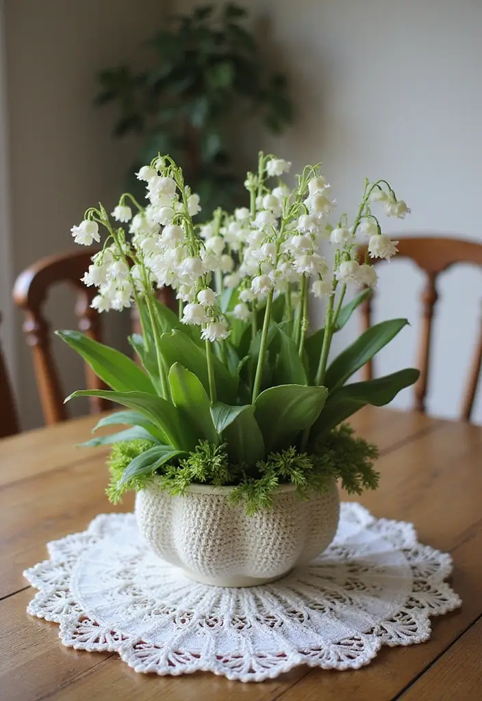 26 Lily of the Valley Crochet Ideas: Delicate and Beautiful - 26. Elegant Lily of the Valley Crochet Table Centerpiece