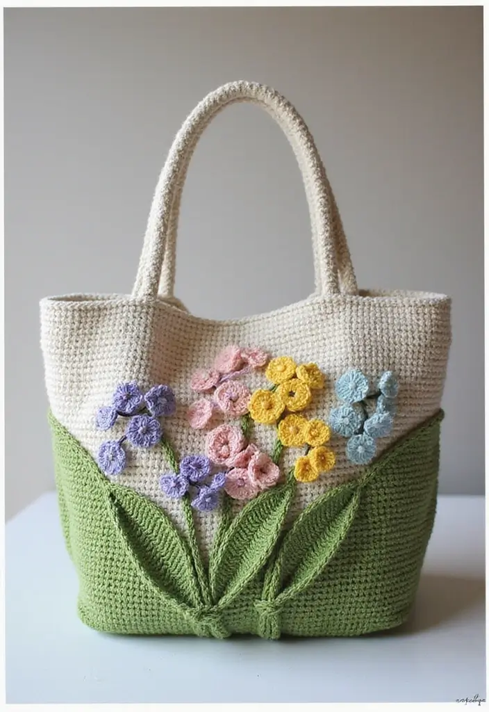 26 Lily of the Valley Crochet Ideas: Delicate and Beautiful - 7. Adorn Your Bag with Lily of the Valley Crochet Appliqués
