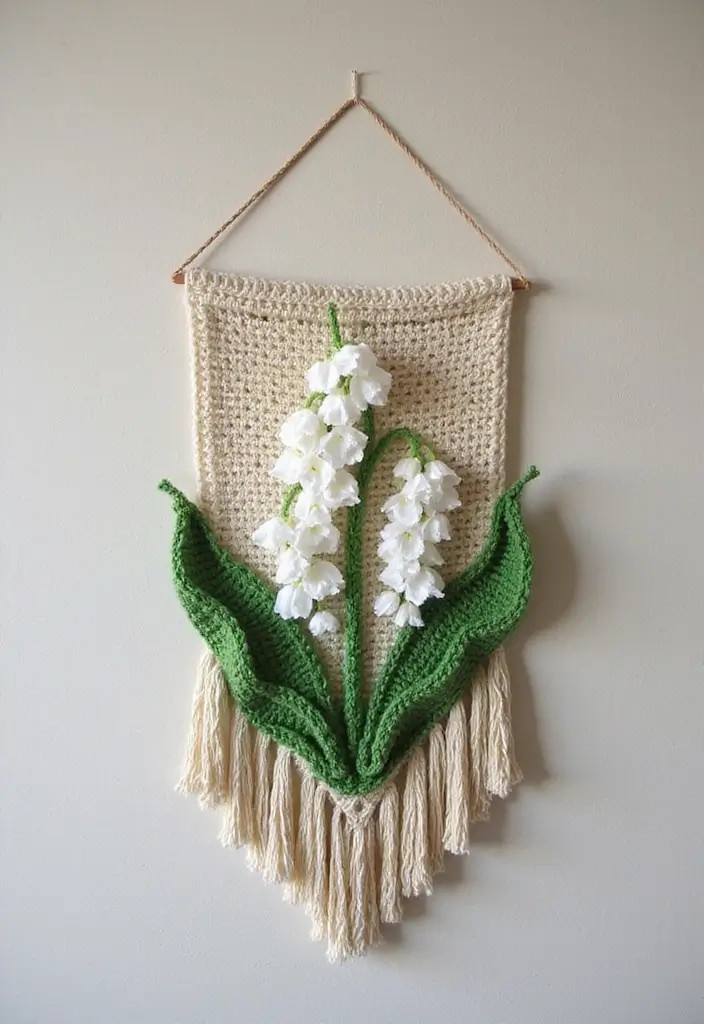26 Lily of the Valley Crochet Ideas: Delicate and Beautiful - 8. Delightful Lily of the Valley Crochet Wall Hanging
