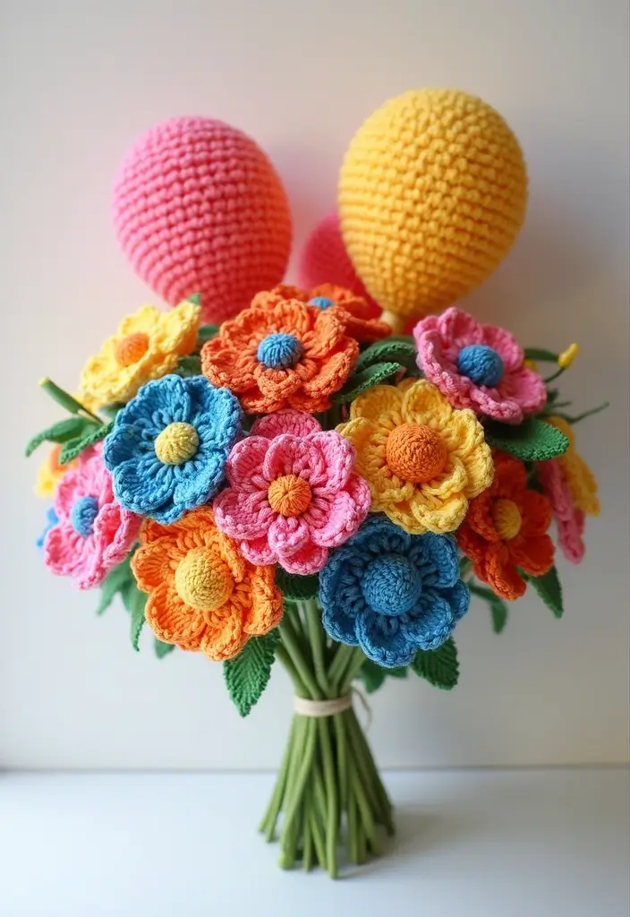 26 Ramos de Flores a Crochet Ideas Creativas y Románticas - 15. Ramos de Flores de Cumpleaños