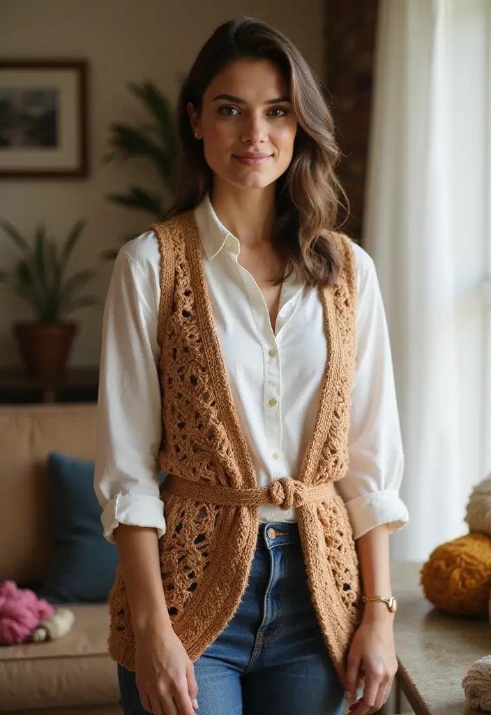 27 Chaleco a Crochet Mujer Patrones Modernos para Principiantes - 14. Chaleco con Cintura Ajustable