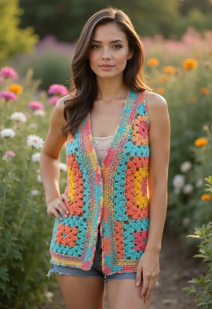 27 Chaleco a Crochet Mujer Patrones Modernos para Principiantes - 8. Chaleco con Motivos Grannies