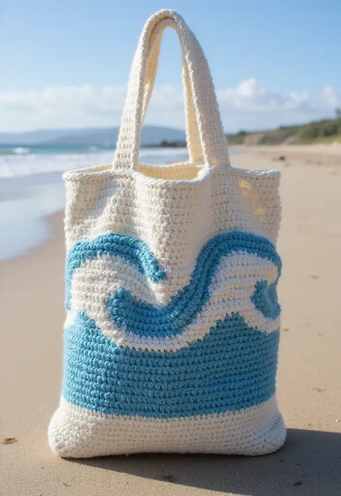 27 Chic Modèles de Sac en Crochet Faciles à Réaliser à la Maison - 20. Tote Bag en Crochet avec Motif en Vagues