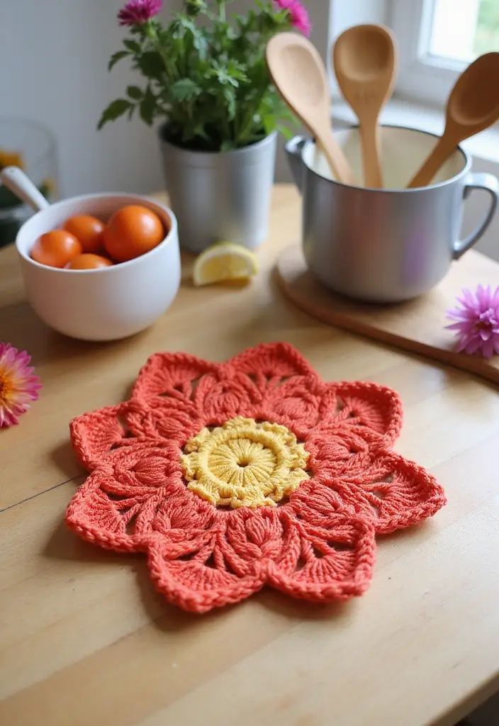 27 Crochet Pot Holders Free Pattern Designs for Your Kitchen - 2. Flower Motif Pot Holder