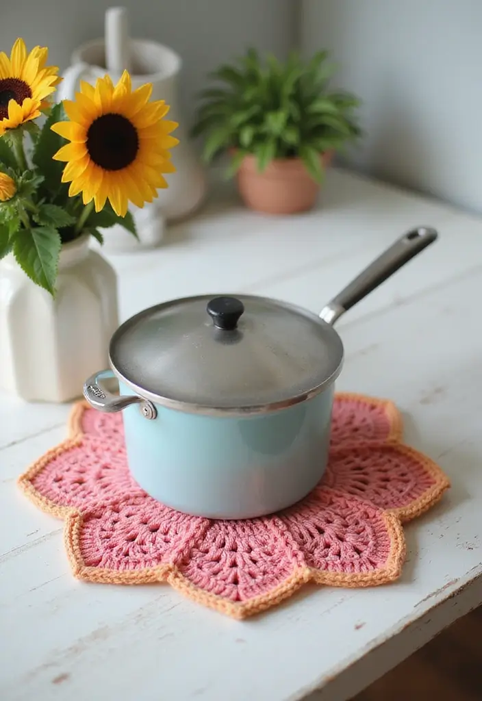 27 Crochet Pot Holders Free Pattern Designs for Your Kitchen - 25. Petal-Shaped Pot Holder