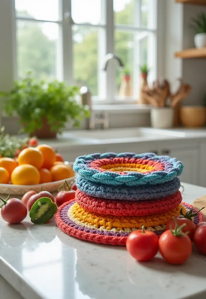 27 Crochet Pot Holders Free Pattern Designs for Your Kitchen - 26. Multicolor Spiral Pot Holder