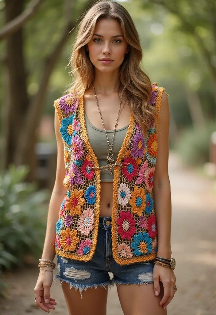 27 Modèles de Gilet en Crochet Élégant pour Femme Débutante - 2. Gilet à Motifs Floraux