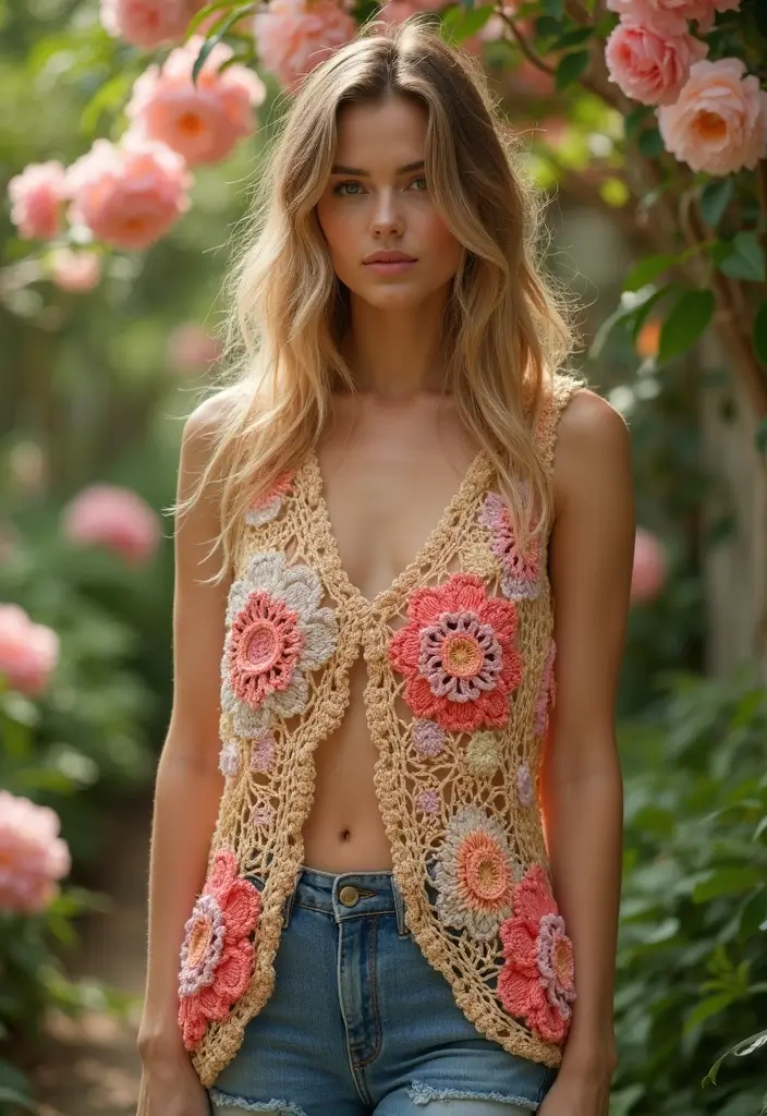 27 Modèles de Gilet en Crochet Élégant pour Femme Débutante - 21. Gilet en Crochet avec Motif de Grands Fleurs