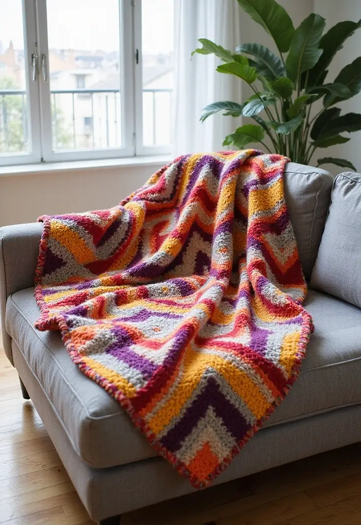27 Mosaic Crochet Patterns Free Charts Full of Colors and Texture - 22. Funky Zigzag Blanket