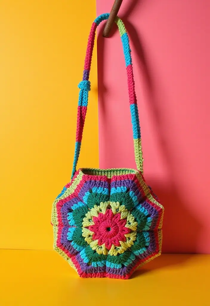 27 Mosaic Crochet Patterns Free Charts Full of Colors and Texture - 24. Rainbow Hexagon Bag
