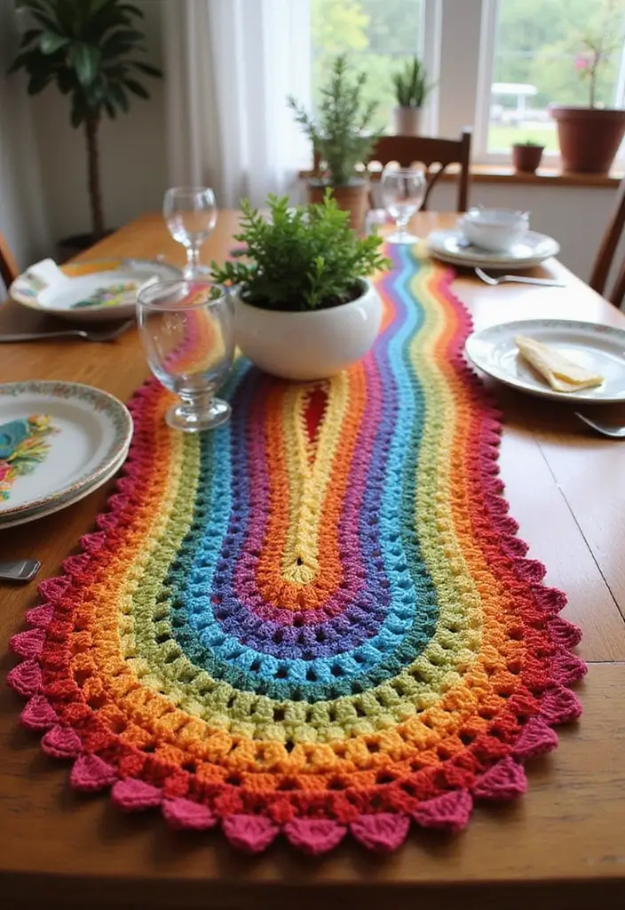 27 Mosaic Crochet Patterns Free Charts Full of Colors and Texture - 4. Rainbow Burst Table Runner