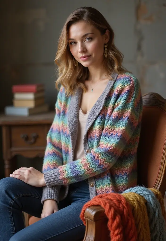 27 Motifs de Cardigan en Crochet Chic pour vos Créations DIY - 12. Cardigan à Motif de Rayures Chevron