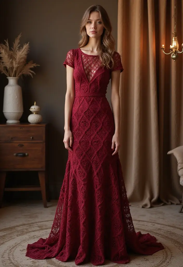 27 Vestidos Tejidos a Crochet con Patrones Perfectos para Verano e Invierno - 11. Vestido Maxi de Invierno con Patrón de Rombos