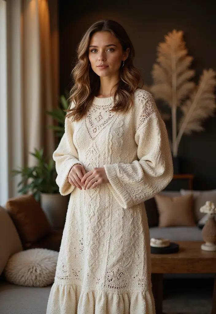 27 Vestidos Tejidos a Crochet con Patrones Perfectos para Verano e Invierno - 19. Vestido Midi de Invierno con Cuello Redondo