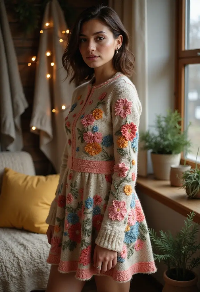27 Vestidos Tejidos a Crochet con Patrones Perfectos para Verano e Invierno - 26. Vestido de Invierno con Apliques
