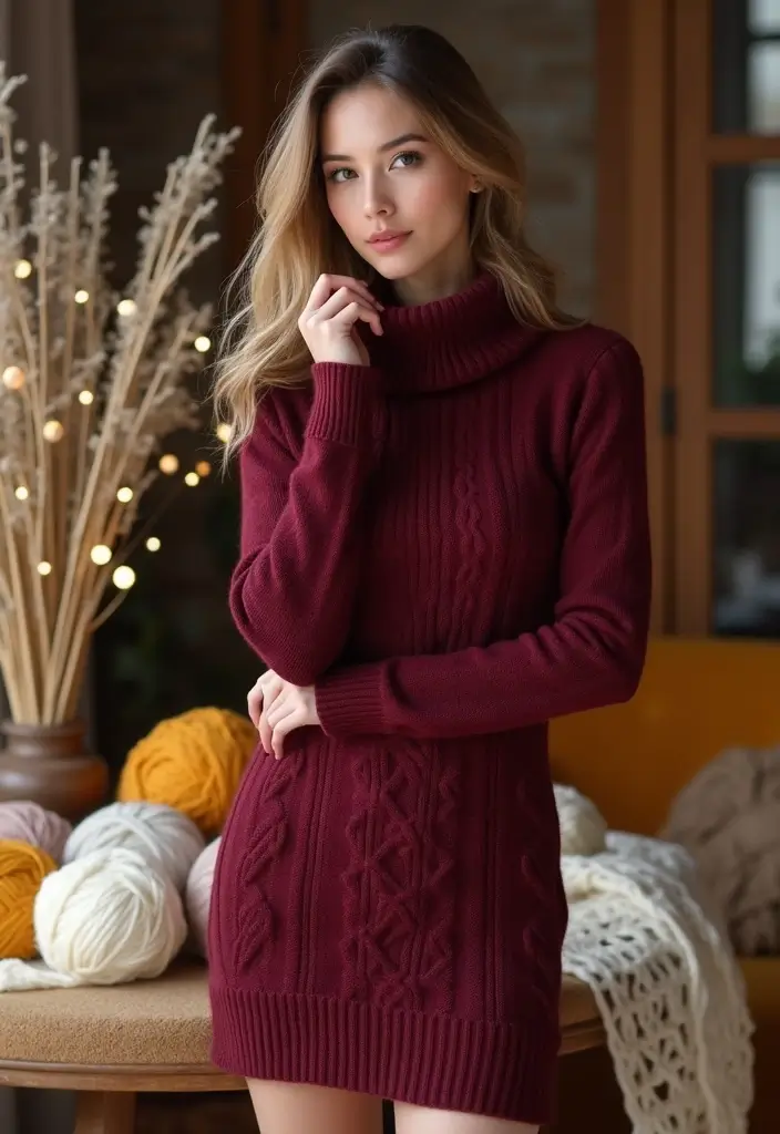 27 Vestidos Tejidos a Crochet con Patrones Perfectos para Verano e Invierno - 4. Vestido Corto de Invierno con Cuello Alto