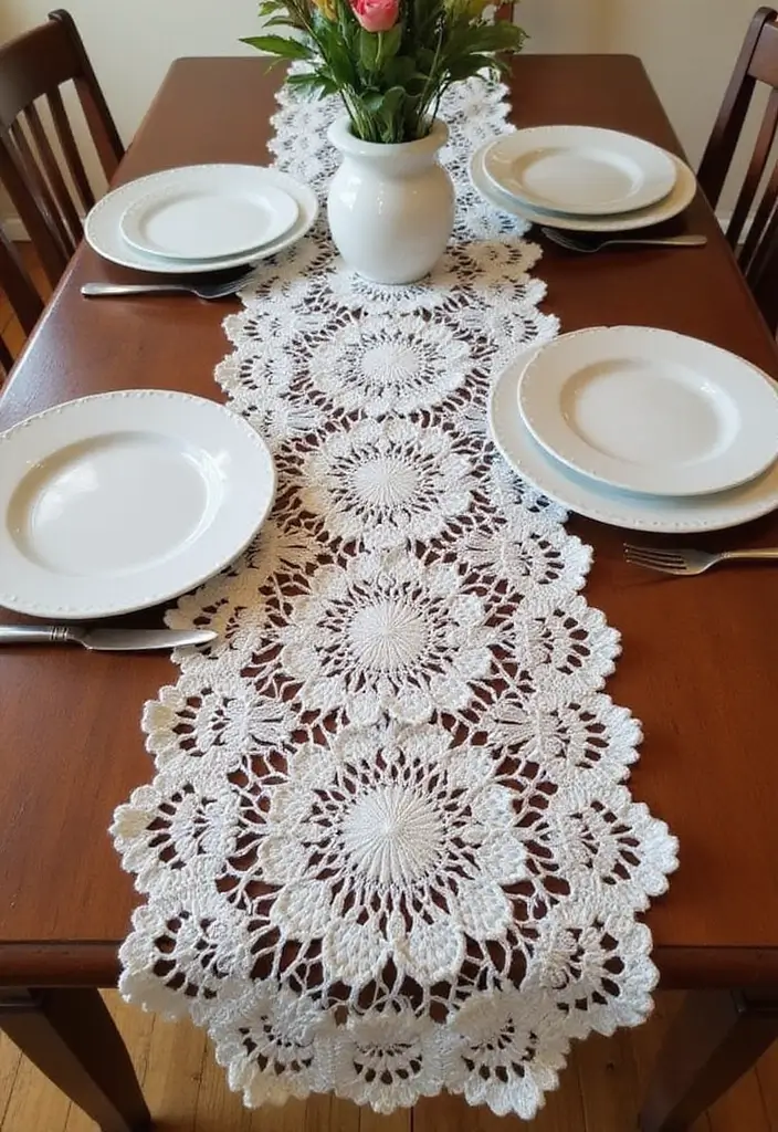 28 Creative Guides on How to Crochet a Flower for Decoration - 24. Elegant Crochet Flower Table Runners