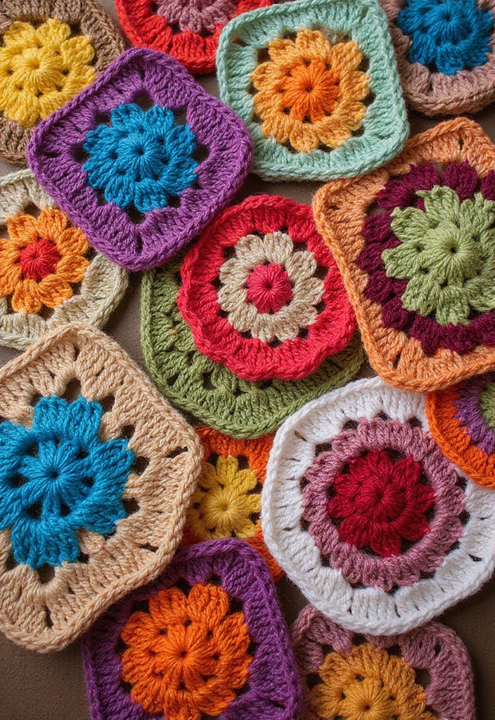 28 Modèles de Carrés en Crochet Originaux pour vos Projets DIY - 12. Carré en Crochet Rétro avec Bouts de Fil