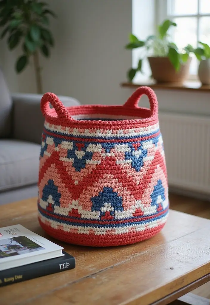 28 Tutoriel de Panier en Crochet Simple et Élégant à Faire Soi-Même - 19. Panier en Crochet à Motif Géométrique