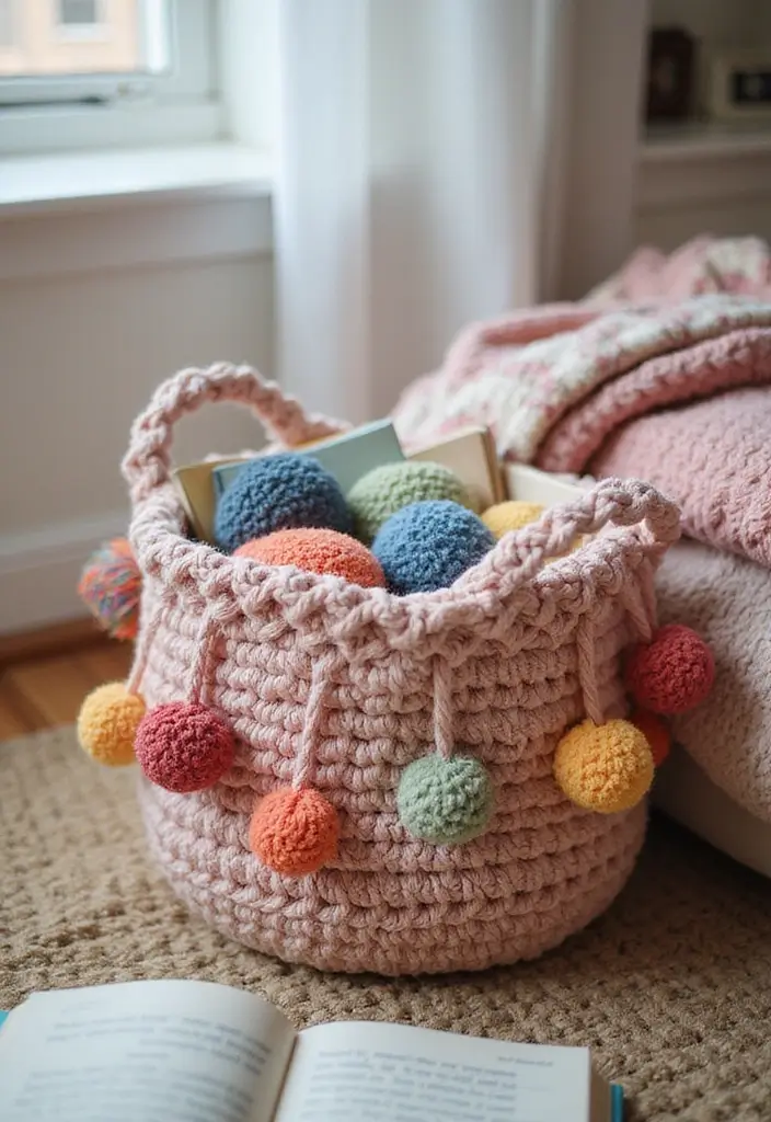28 Tutoriel de Panier en Crochet Simple et Élégant à Faire Soi-Même - 8. Panier en Crochet à Pompons