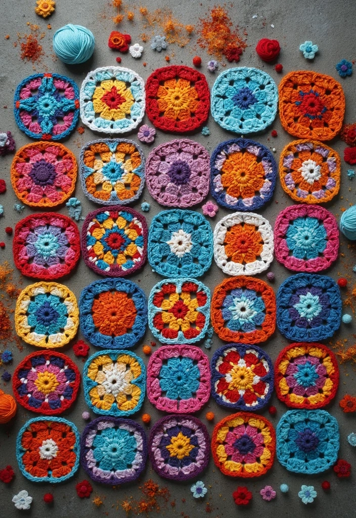 29 Colorful Granny Square Crochet Pattern Diagrams for Your Home Decor - 10. Mosaic Granny Square