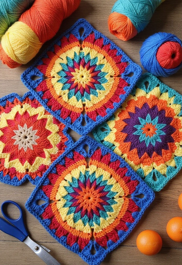 29 Colorful Granny Square Crochet Pattern Diagrams for Your Home Decor - 11. Sunburst Granny Square