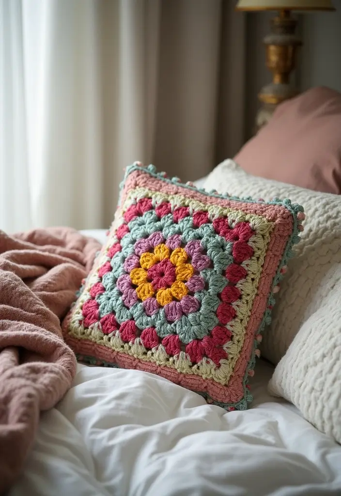 29 Colorful Granny Square Crochet Pattern Diagrams for Your Home Decor - 14. Granny Square Pillow