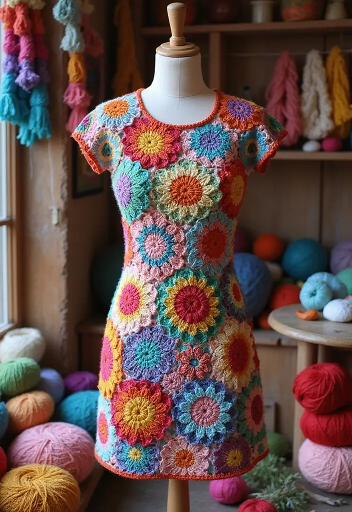 29 Colorful Granny Square Crochet Pattern Diagrams for Your Home Decor - 20. Granny Square Dress or Top