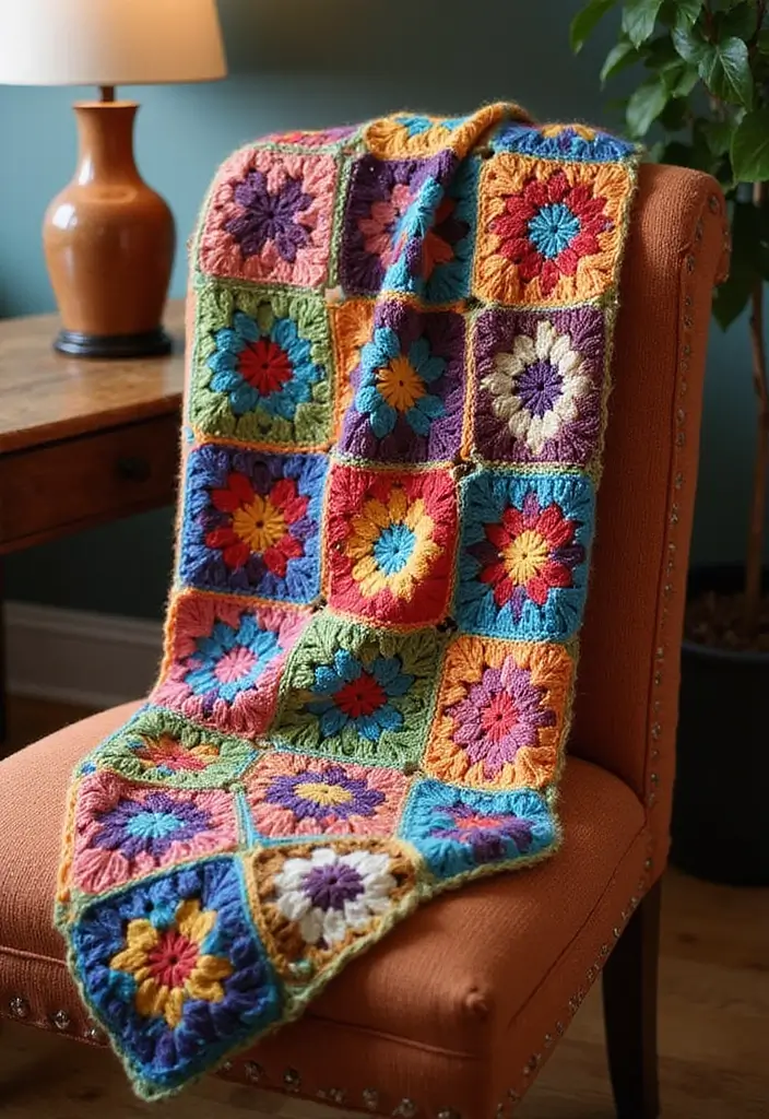 29 Colorful Granny Square Crochet Pattern Diagrams for Your Home Decor - 21. Granny Square Scarf