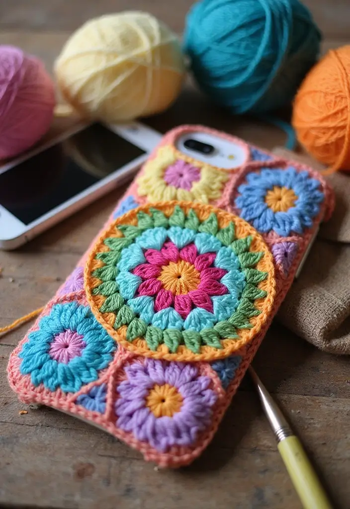29 Colorful Granny Square Crochet Pattern Diagrams for Your Home Decor - 22. Granny Square Phone Case