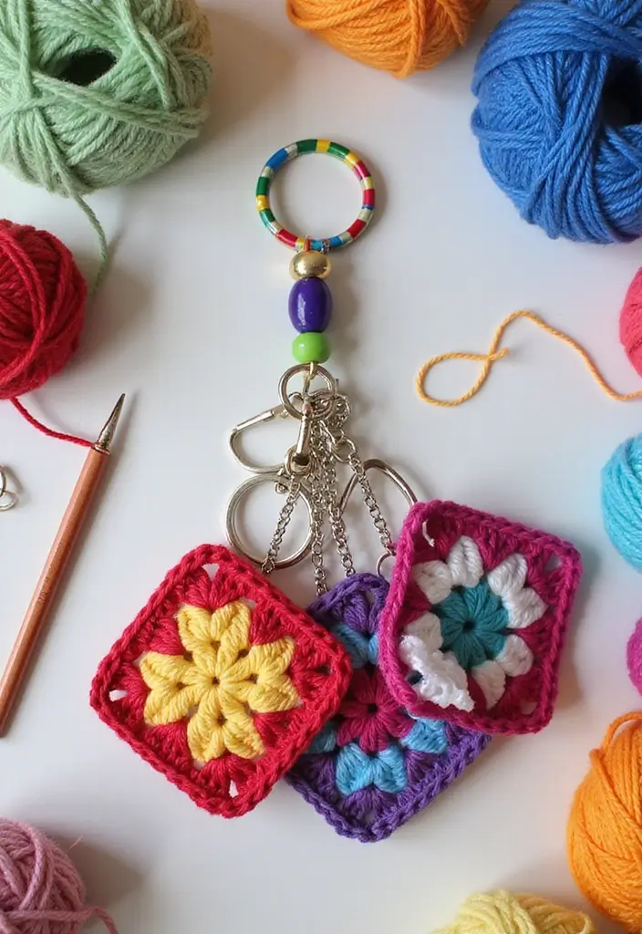 29 Colorful Granny Square Crochet Pattern Diagrams for Your Home Decor - 24. Granny Square Keychain