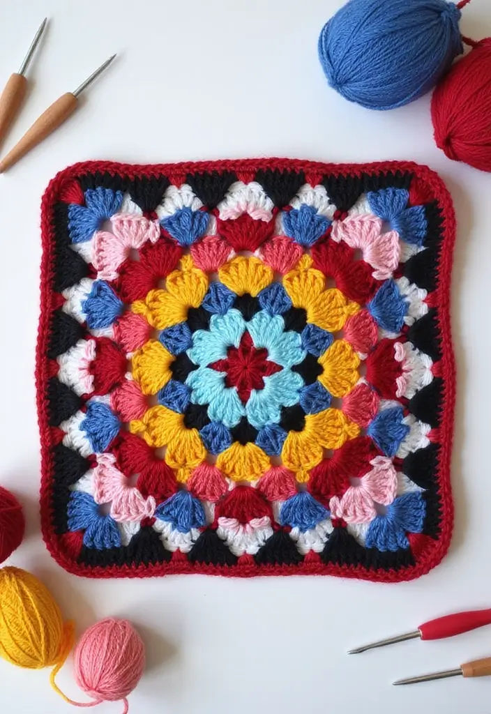 29 Colorful Granny Square Crochet Pattern Diagrams for Your Home Decor - 3. Geometric Granny Square