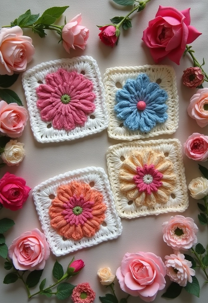 29 Colorful Granny Square Crochet Pattern Diagrams for Your Home Decor - 4. Floral Granny Square