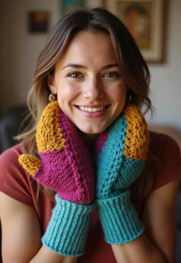 29 Crochet Fingerless Gloves Free Patterns: Cozy and Stylish - 21. Funky Patch Mittens